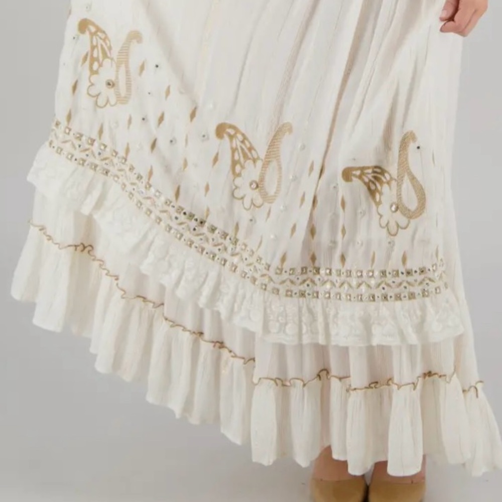 Beige khaki gold Indian boho bohemian embellished shimmer tassel maxi lux dress - Picture 5 of 8